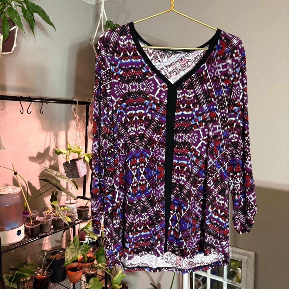 Cable & Gauge Blouse Womens XL Purple Geometric‎ Ikat V-Neck 3/4 Sleeve Boho Top - Picture 2 of 9